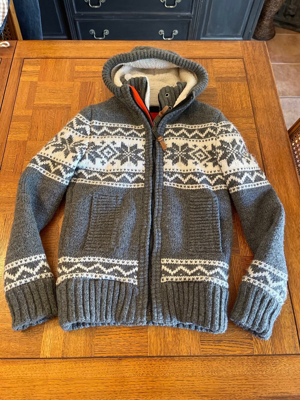 Superdry Vintage Nordic Knit Full Zip Hoodie Jacket Sherpa Lined Grey Sweater S